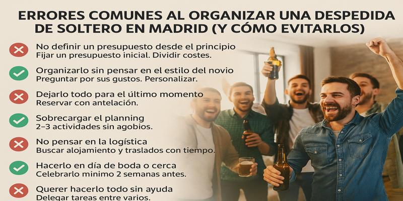 Grupo de hombres organizando una despedida de soltero en Madrid, revisando una checklist con cerveza en mano en una terraza del centro. Ambiente urbano, realista y divertido.